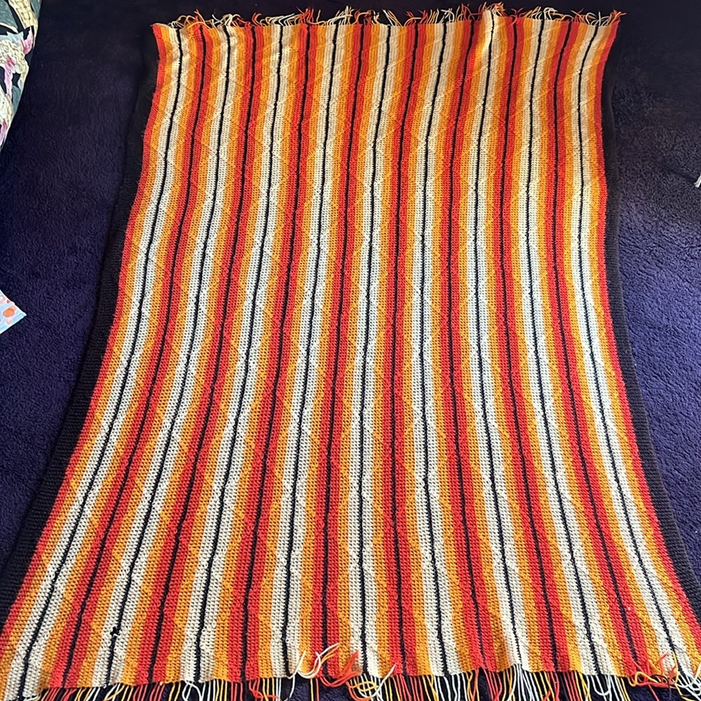 Vintage Afghan blanket  orange brown yellow fringed - Picture 2 of 9